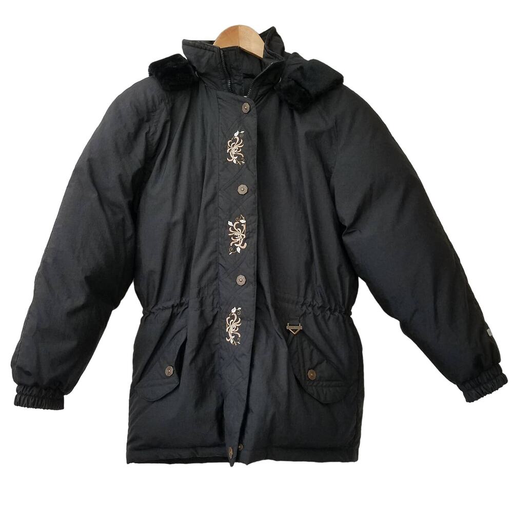Fera Skiwear Womens Hooded Down Jacket Embroidered Black Size 8